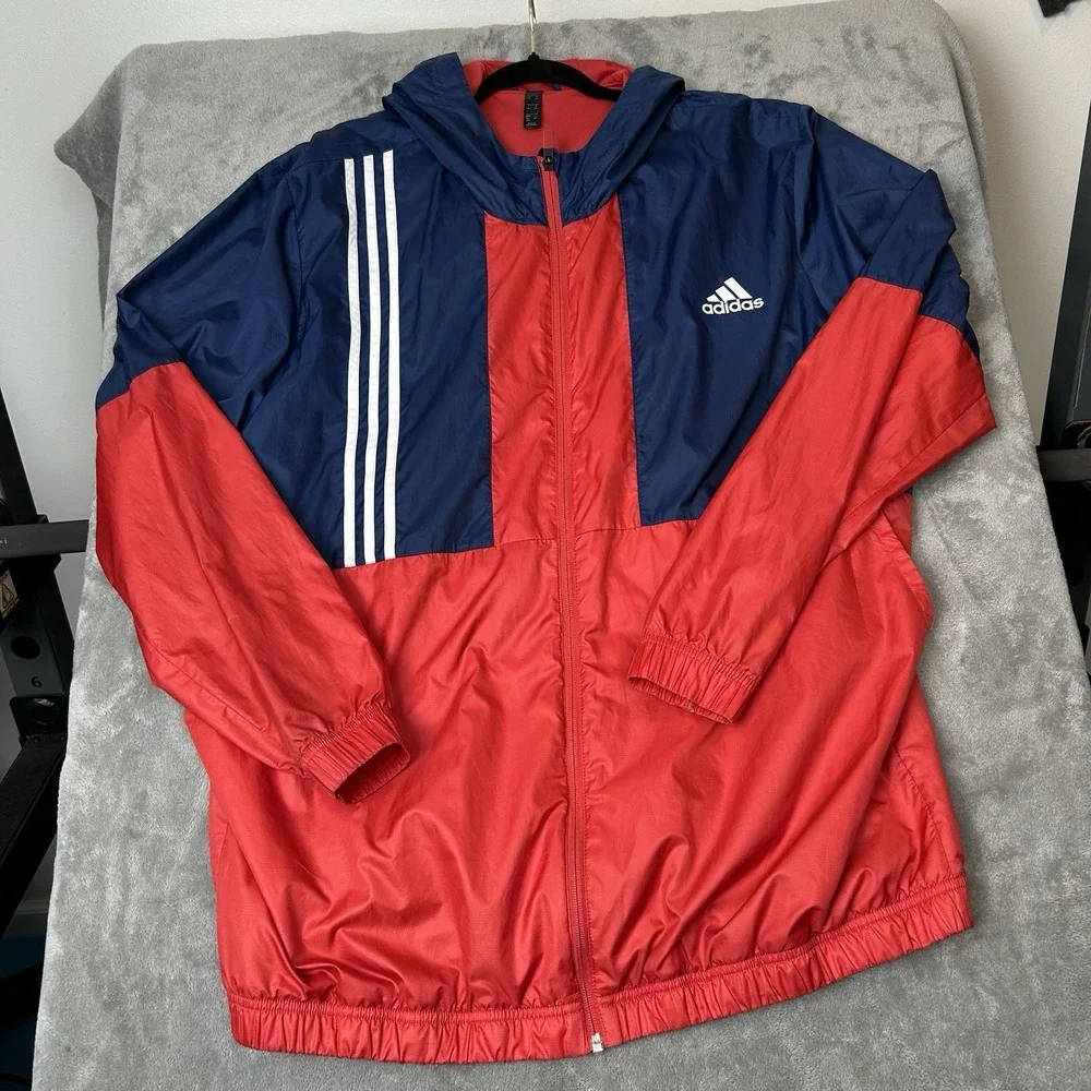 Adidas Windbreaker Axis Full‎ Zip Jacket Mens Hooded Color White, Red & Blue 2XL